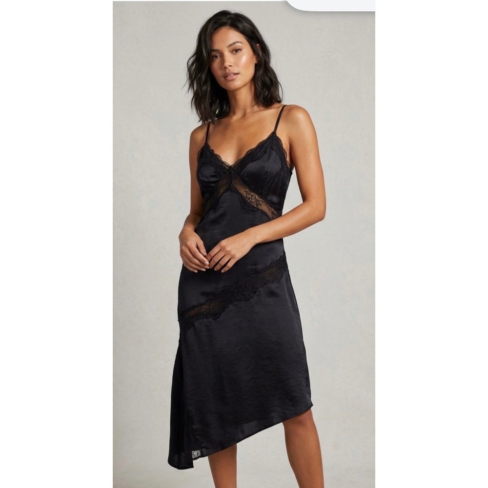 Vintage Y2K NYC Black Satin Lace Trim Asymmetrical Slip Dress XS
Grunge #160